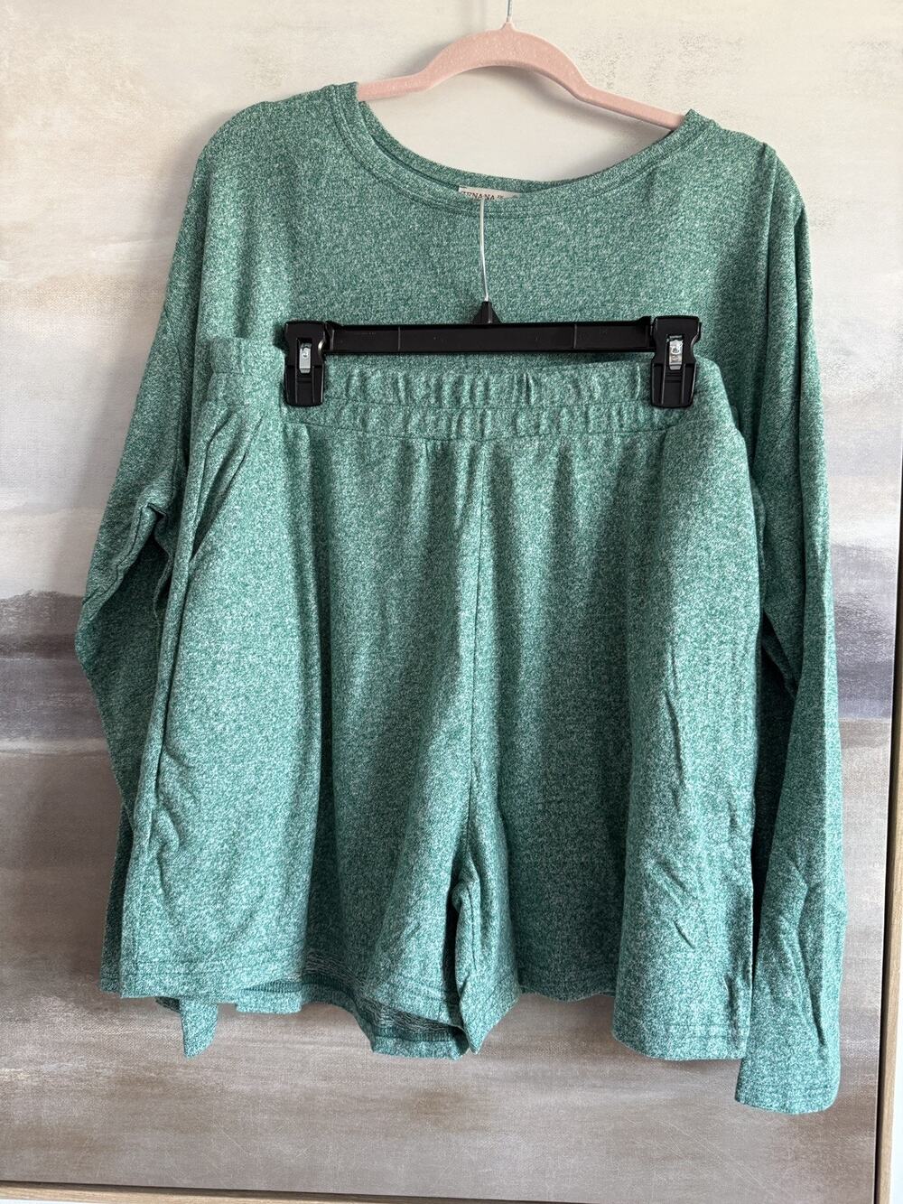 Zenana Knit Long Sleeve Crew Neck Top & Shorts Set Green Plus 2X
